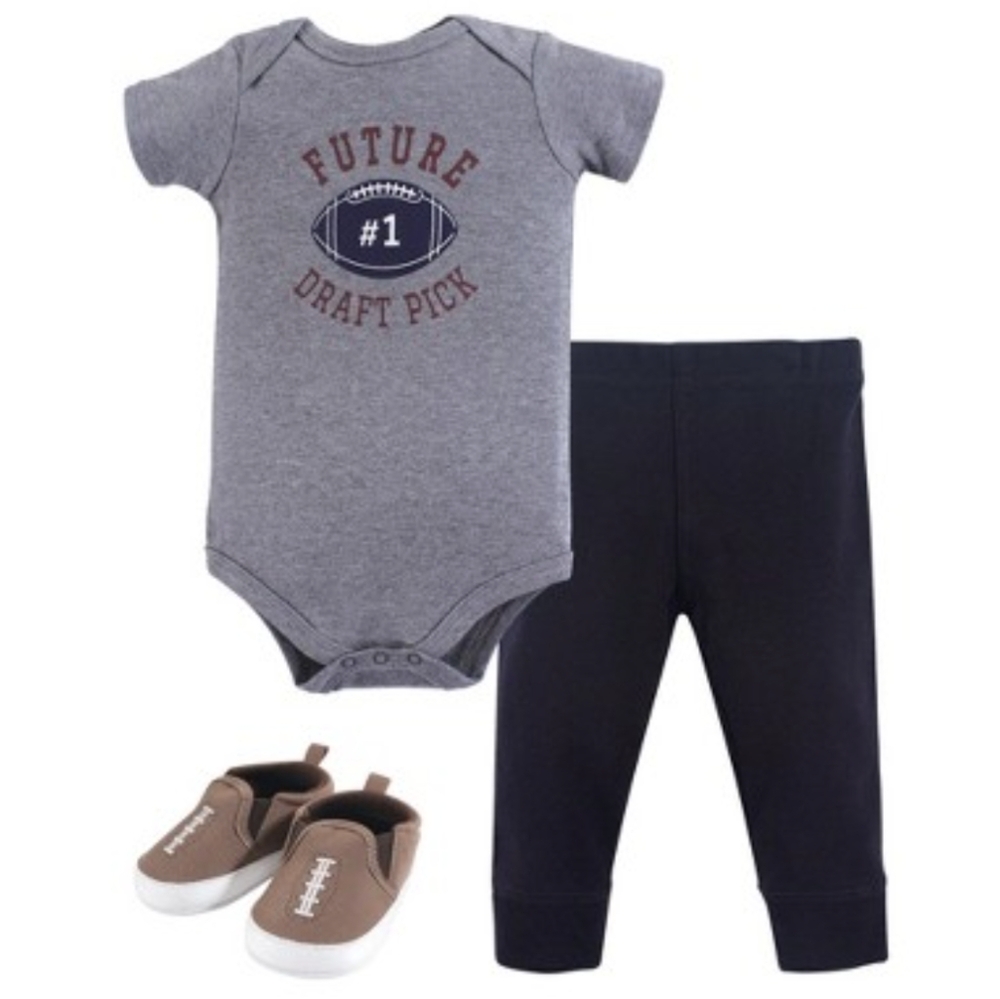 Hudson Baby Boy Cotton Bodysuit, Pant, and Shoe 3-piece Set.